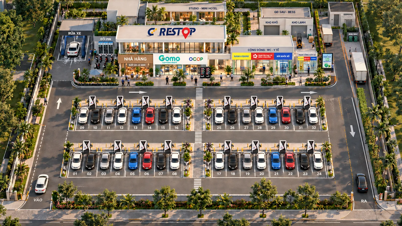 Phối cảnh nhìn từ trên cao sân sạc Complex: nhiều dãy trụ sạc, khối nhà dịch vụ và trục lưu thông.